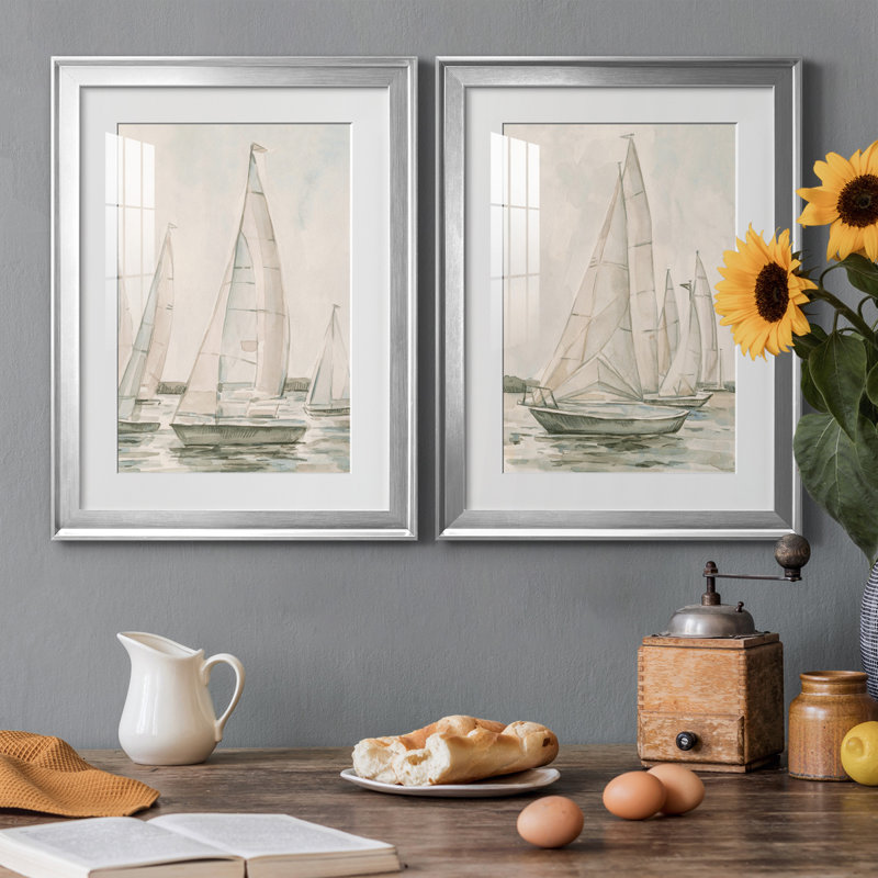 «Sail Scribble I», reproduction encadrée de qualité supérieure, prête à être accrochée, Cadre argenté, Blanc