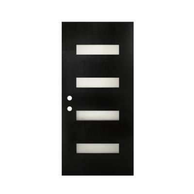 Porte d'entrée en fibre de verre noire 91,4 cm x 203,2 cm, texture imitation bois, 4 carreaux en verre dépoli à faible émissivité, ouverture vers l'intérieur à droite, panneau de porte seulement