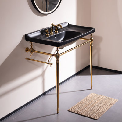 Lavabo de console de salle de bain 36 po Kynnadee, meuble-lavabo mural en céramique noire avec 3 trous de robinet pré-percés, pieds de support autoportants en acier inoxydable avec barre à serviettes, sans robinet