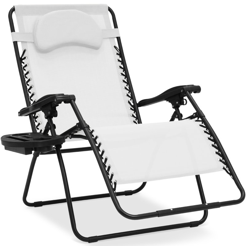  Oversized Zero Gravity Chair, Folding Outdoor Patio Recliner W/ Cup Holder - White, White Cushion/Black Frame