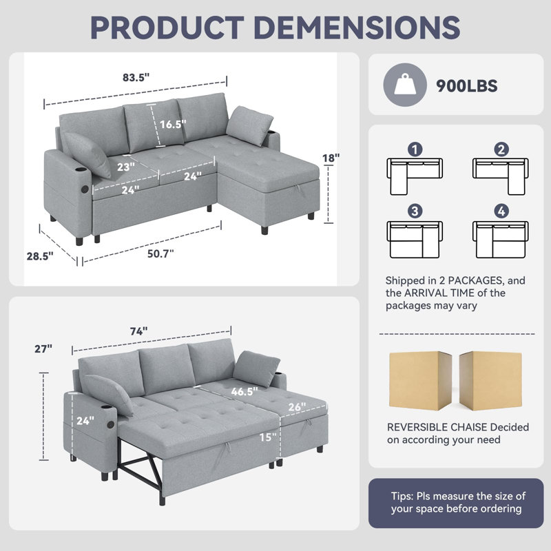 83.5''sleeper Sofa Couch With Pullout Bed, L-shaped Convertible Couches, Gray Fabric