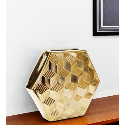 13" Gold Geometric Ceramic Table Vase With Sculptural Details