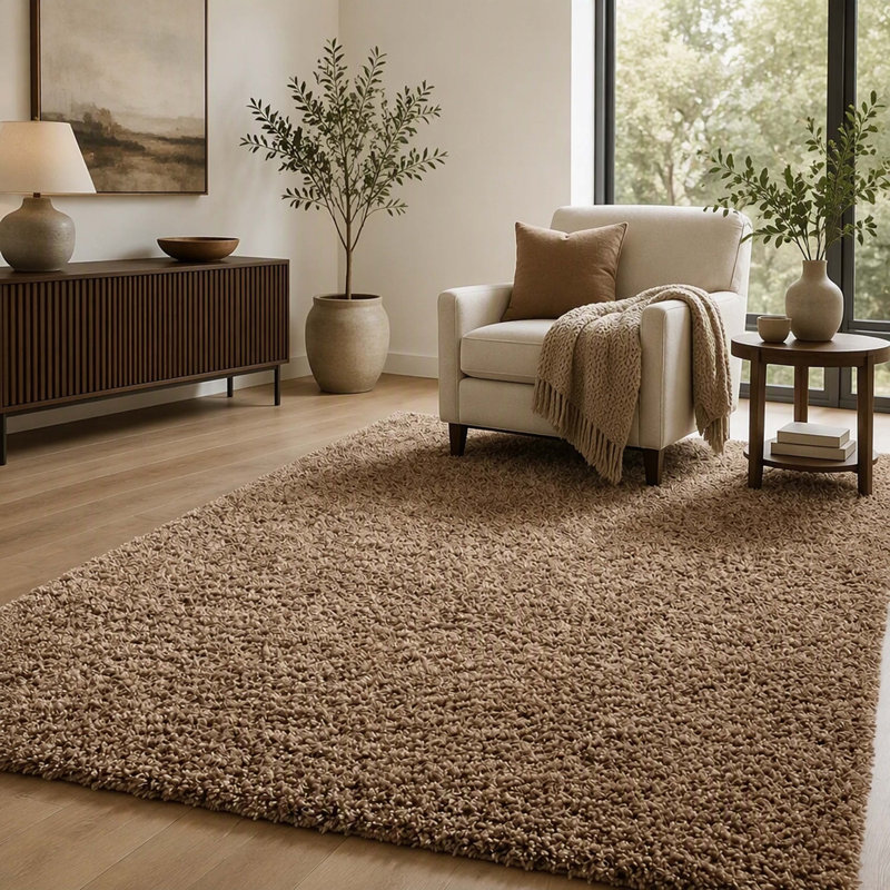 Tapis à poil long moelleux et moelleux de couleur café, tapis moderne de 7,5 x 9,5 pieds avec une taille de 89 x 113 pouces