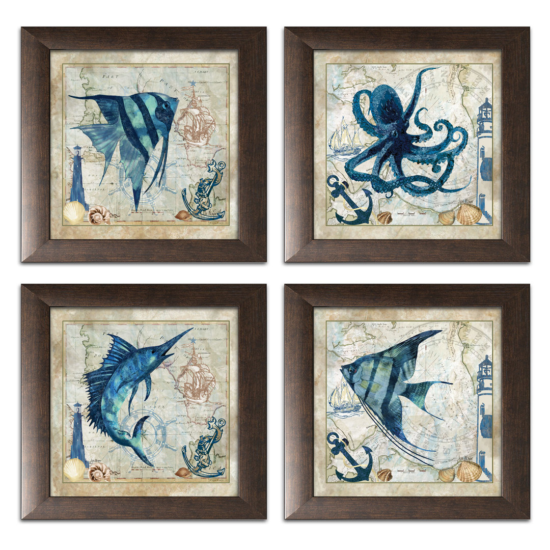" Classic Nautical Octopus, Swordfish, And Tropical Fishes " by Jill Meyer 4 - Pieces (Set of 4) Rosecliff Heights