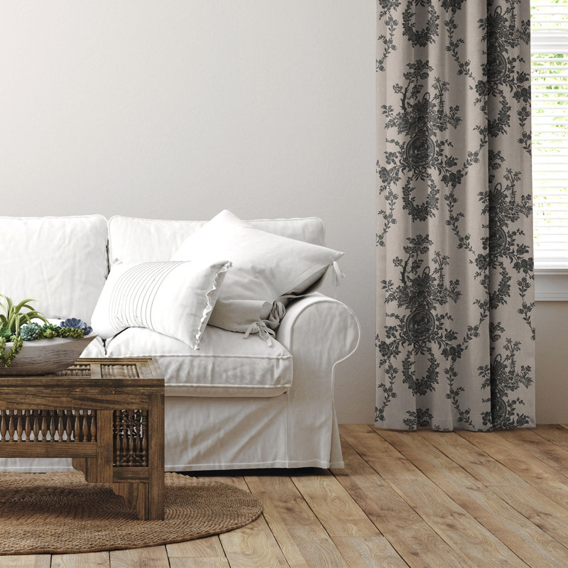 Country Lane Toile Ebony Cotton Pinch Pleat Drapery Panel Set of 2, 40" W x 144" L