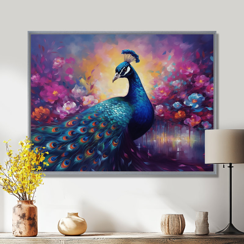 «Vibrant Peacock II» - art mural paon, H 12 po x l 20 po x P 1 po, Encadrement argenté