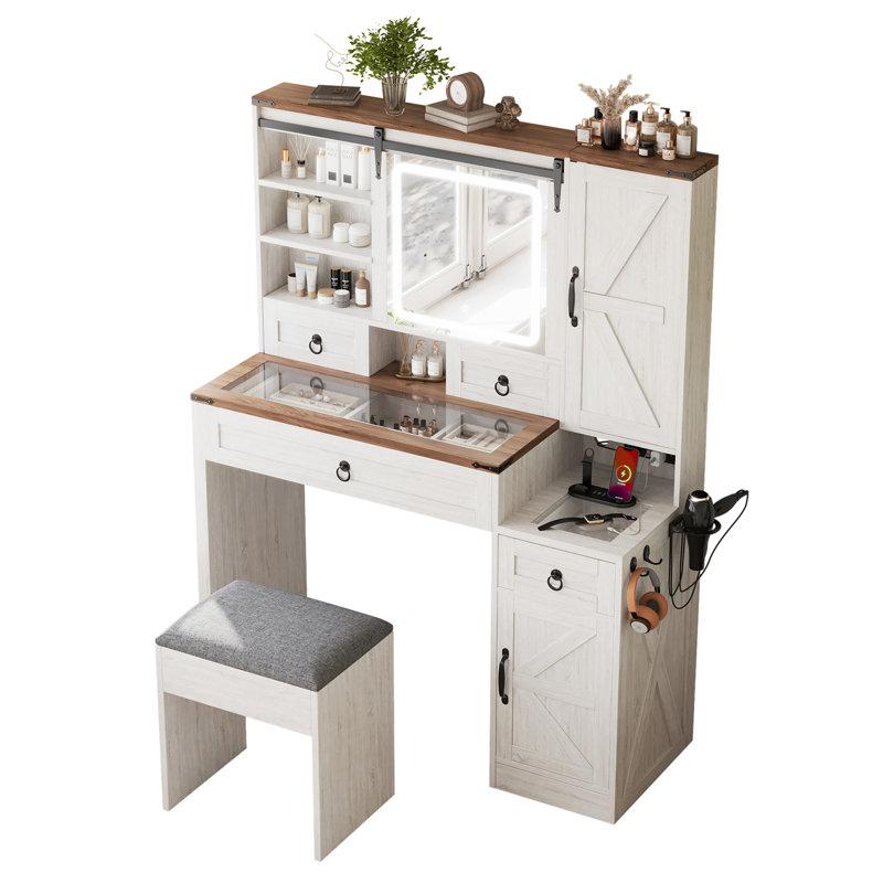 Bureau de coiffeuse avec miroir coulissant et lumières Farmhouse