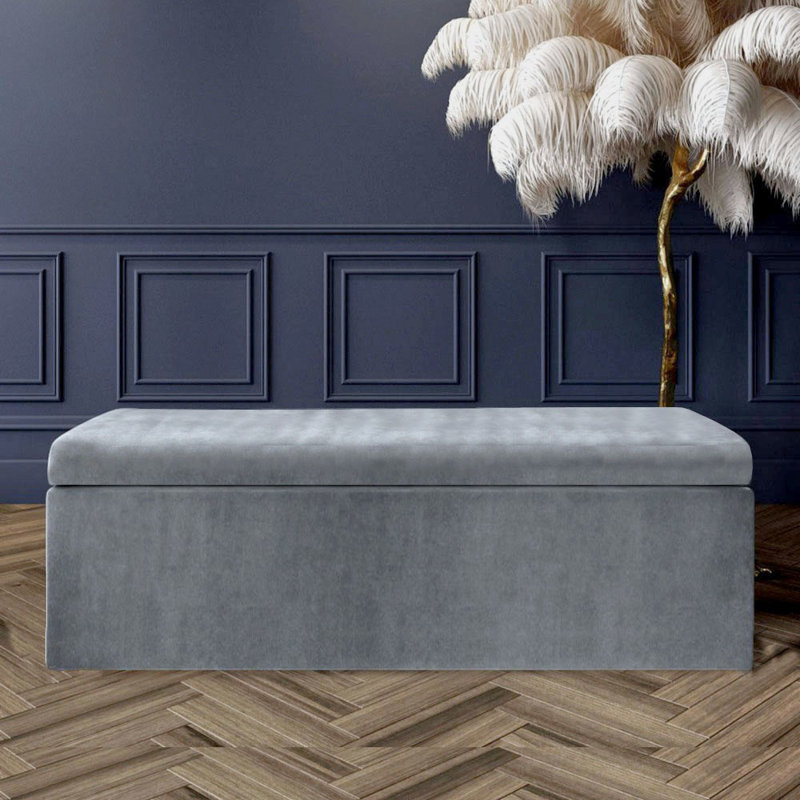 Safar Large Plush Velvet Ottoman Storage Box with Plain Lid Multi Functional Upholstered Blanket Box, Steel Grey Plush Velvet