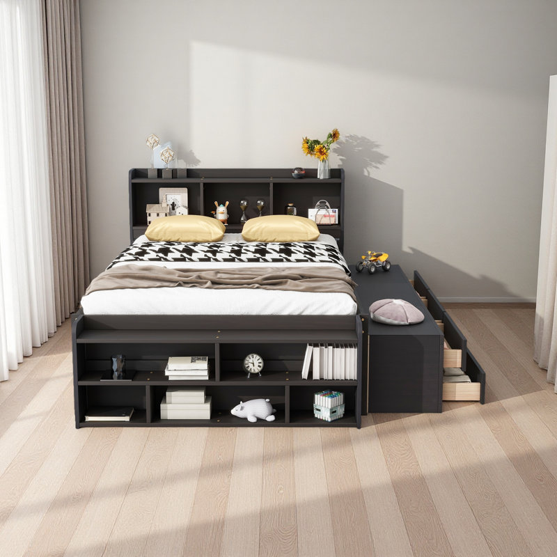 Full Bed With Bookcase Headboard, Under Bed Storage Drawers And Bed End Storage Case, Espresso