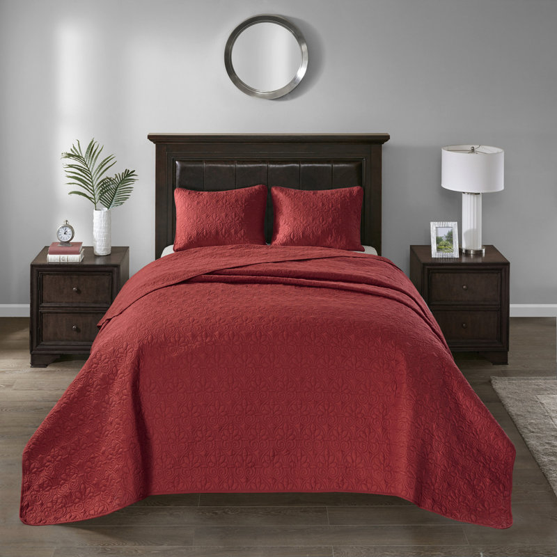 Couvre-lit réversible en grand rouge - Matelassage en coton prélavé matelassé sérénité surdimensionné pour un ajustement optimal et 2 taies décoratives lavables à la machine