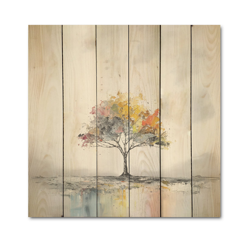 Minimalisme, arc-en-ciel, arbre de répit I - art mural minimaliste sur bois de pin naturel, H 25 po x l 25 po