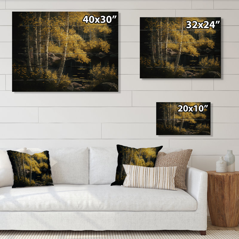 «Blossoming Birches On A Sunny Lake Day VI», reproduction de paysage, H 30 po x l 40 po x P 1,5 po, Bois