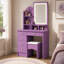 Bureau de coiffeuse mauve avec miroir lumineux, 5 tiroirs et tablettes de rangement, lumières DEL 3 couleurs, coiffeuse de chambre à coucher