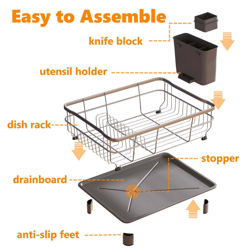 Gray Stainless Steel Dish Drying Rack with Utensil Holder and Drainboard