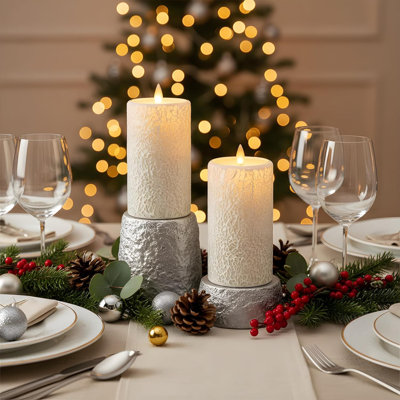 White Cracked Glass Flameless Pillar Candles - 3D Moving Flickering LED, Remote Timer & Battery Operated, Real Wax Interior for Home/Christmas Decor