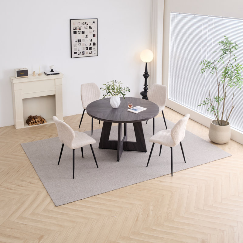 5 Piece 47'' Round Dining Table Set For 4, Farmhouse Kitchen Table With 4 Boucle Modern Dinning Room Chairs, Beige/Black