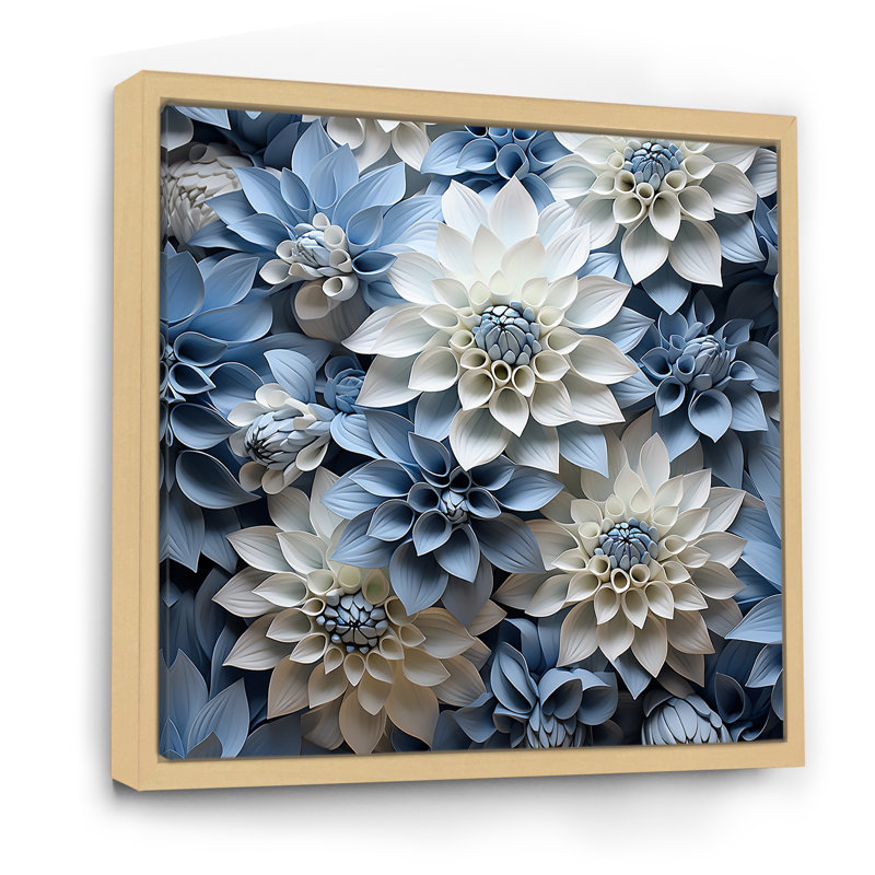 «Blue and White Dahlia Blossom Delight II», reproduction sur toile, Cadre naturel flottant, 30" H x 30" W