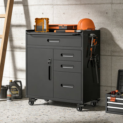 Armoire à outils en métal, organisateur de rangement de garage robuste avec portes verrouillables, établi mobile à panneaux latéraux perforés pour garage