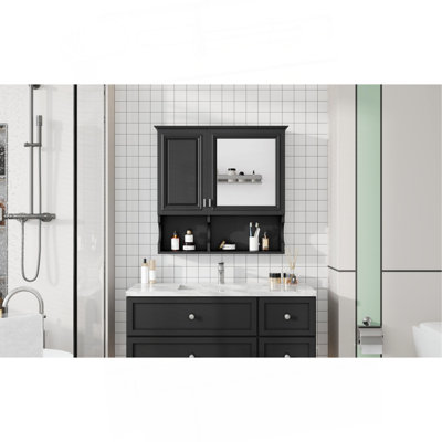 Armoire à pharmacie à miroir de 30 pouces avec tablettes ouvertes, rangement mural avec portes et miroir, tablette réglable, armoire de rangement pour salle de bain au-dessus de la toilette