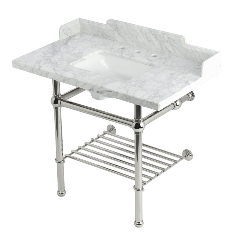 Kingston Brass Pemberton 36-Inch Carrara Marble Console Sink with Brass Legs and Shelf (8-Inch, 3-Hole)