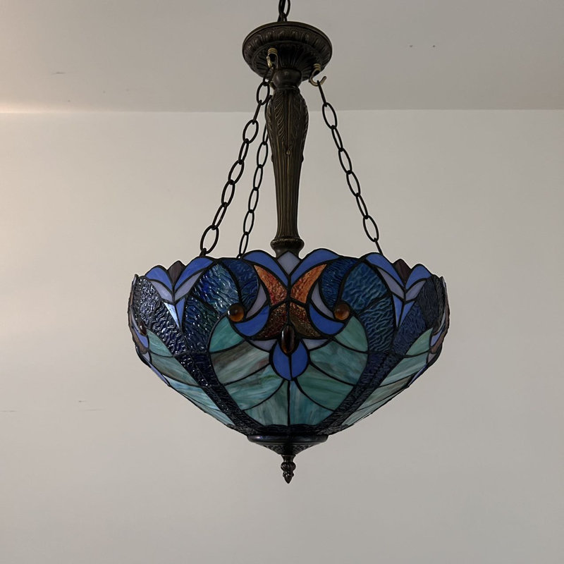 Bronze Bowl Pendant Light with Blue and Green Stained Glass Shade