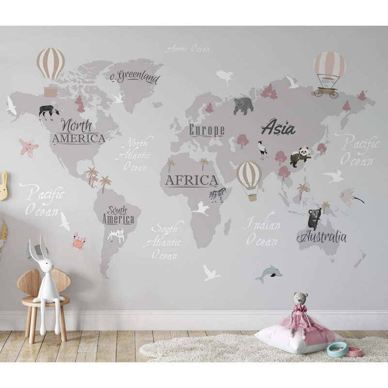 Kids World Map Gray Background Wallpaper, 94.92" L x 143" W
