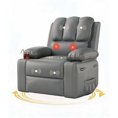 Rocking Recliner Chair, Small Swivel Rocker Massage Chair with Heat and Vibration Massage, Leather Nursery Recliner Lazy Boy Single Sofa Seat with Cup