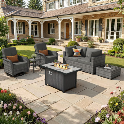 7-Piece Outdoor Wicker Patio Conversation Set with Swivel Chairs and 42’’Fire Pit Table,All Weather Seating Group with Cushions For Garden,Backyard