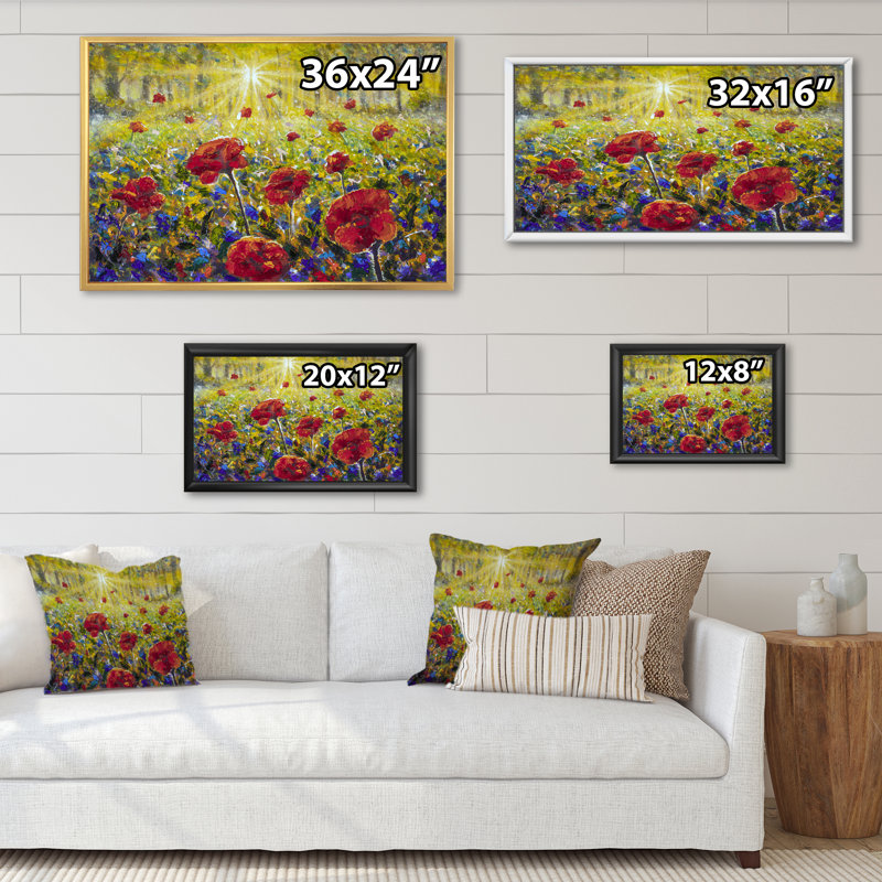 «Flowers Red Poppies Field», reproduction sur toile flottante, H 24 po x l 36 po x P 1 po, Cadre flottant noir