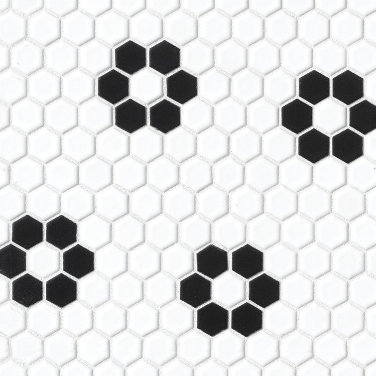 Le Cafe Hex 1" x 1" Porcelain Deco Mosaic Tile in Black/White