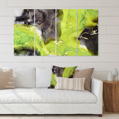 " Green And Black Luxury Abstract Fluid Art I " 4 - Pieces
