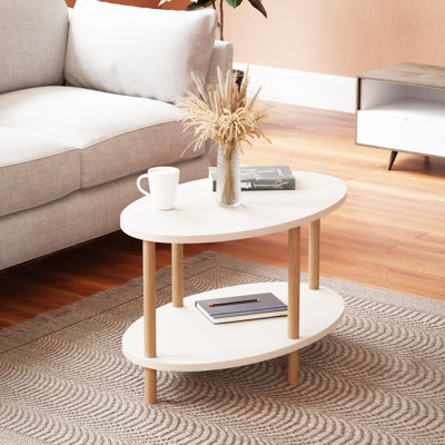 InterGo Oval Wooden Coffee Table with Modern Design, Double Decker Coffee Table, Hondah Centre Table for Living Room, Stylish Newspaper and Magazine Storage (Brown)