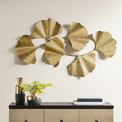 Gold Metal Ginkgo Leaf Wall Ornament - 43 Inches Long, 23.5 High, 1.6 Deep, Indoor Use Only Adorned Decorative Feature In Length, Height, Depth, Accent Piece