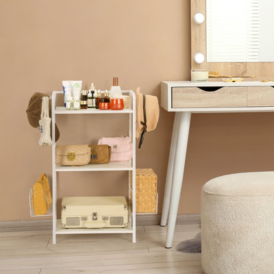 Étagère de rangement blanche à 3 niveaux en métal avec paniers latéraux et crochets, tablette de rangement autoportante