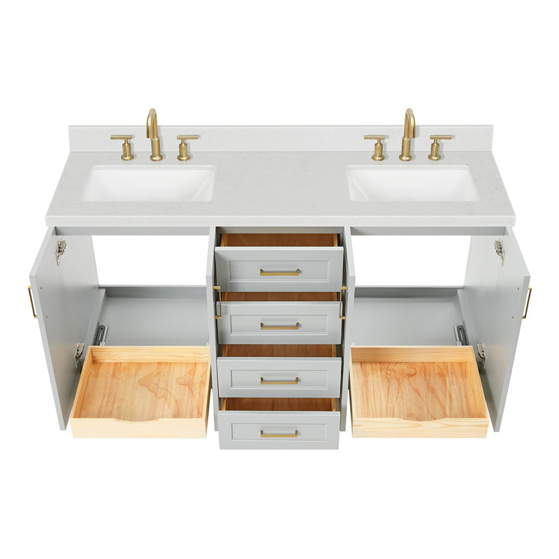 Meuble-lavabo double en bois massif gris Freitas, Forme rectangulaire, Gris, Quartz de Carrare
