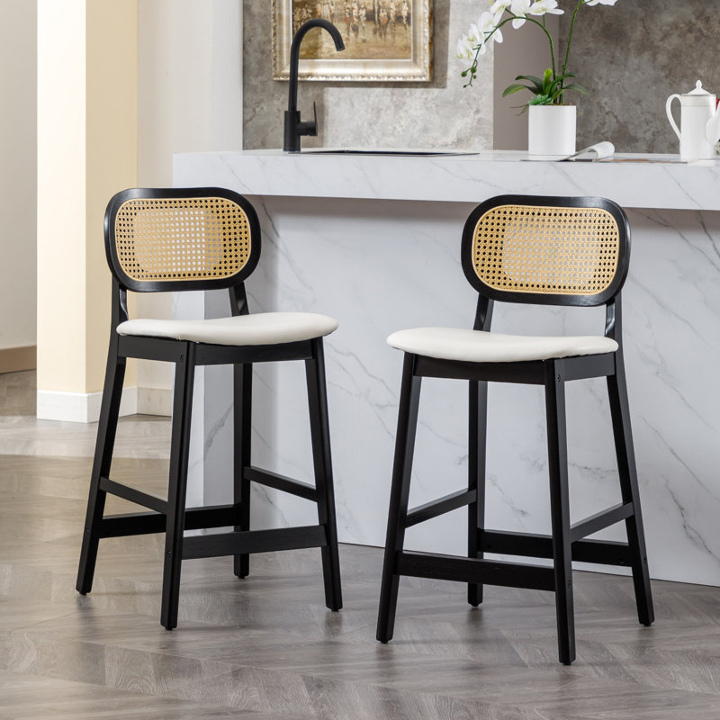 Azarah Solid Wood 25.5'' Counter Stool, Black, Faux Leather-White
