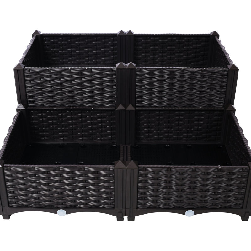 Pot de café surélevé brun avec arrosage automatique - 4 pièces en polypropylène. Drainage optimal. Montage facile. Jardinière sur pieds. Idéal pour les fleurs, les herbes aromatiques et les légumes. Caractéristiques : trou de drainage.