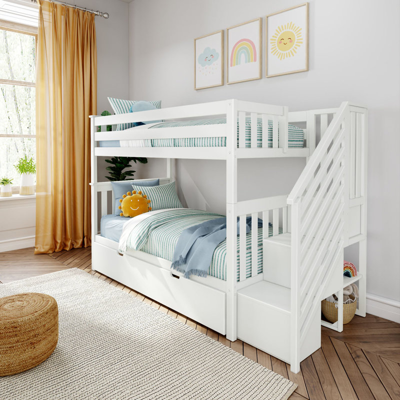 Lit superposé simple au-dessus de simple en bois massif avec lit gigogne Northfield, Blanc