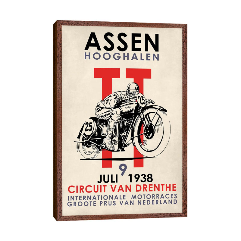 Assen TT Motorcycle Races 1938 by Mark Rogan - Print on Canvas, Classic Brown Wood Framed, 101.6 cm H x 66.04 cm W