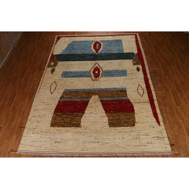 Tapis beige noué à la main de conception unique 10 pi 4 po x 13 pi 10 po