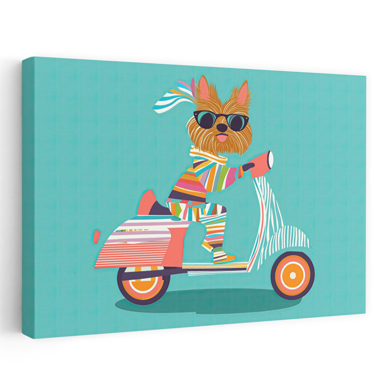 Whimsical Dog Scooter Colorful Playful Vibrant Dog Summer Wall Art Print by Mathieu - Wrapped Canvas Print