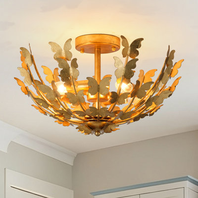 18" Antique Gold 4-Light Semi-Flush Mount Ceiling Light with Sculpted Butterfly Cage