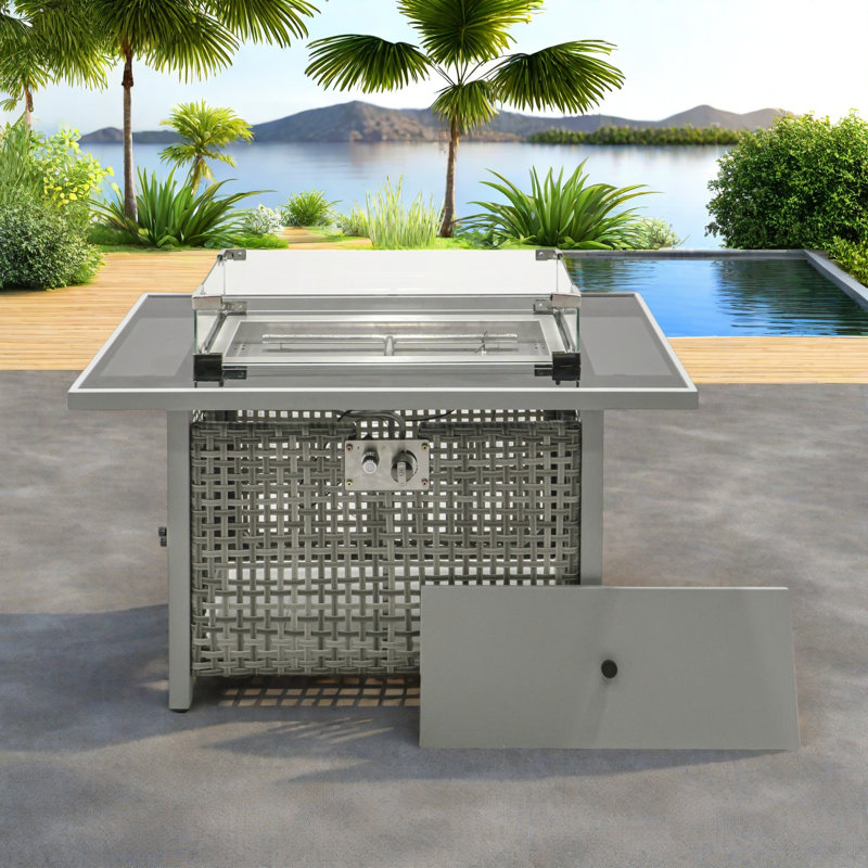 Propane Gas Fire Pit Table With Glass Wind Guard And An Open Basket-wave Patterned Wicker, Gray