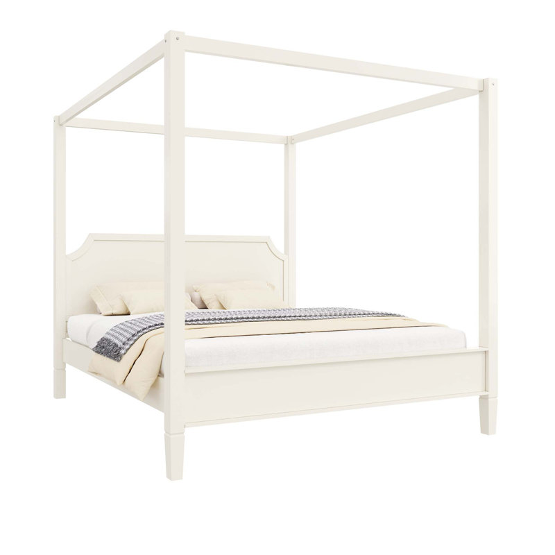 Lit plateforme à baldaquin en bois avec tête de lit intégrée et support robuste, Creamy White