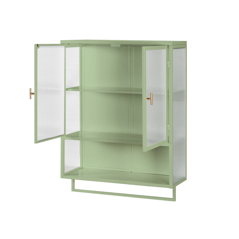 Colene 23.62" Modern Glass Door Wall Cabinet - 2-Tier Enclosed Storage + Open Shelf & Towel Rack, Iron Frame for Entryway, Bathroom, Living Room