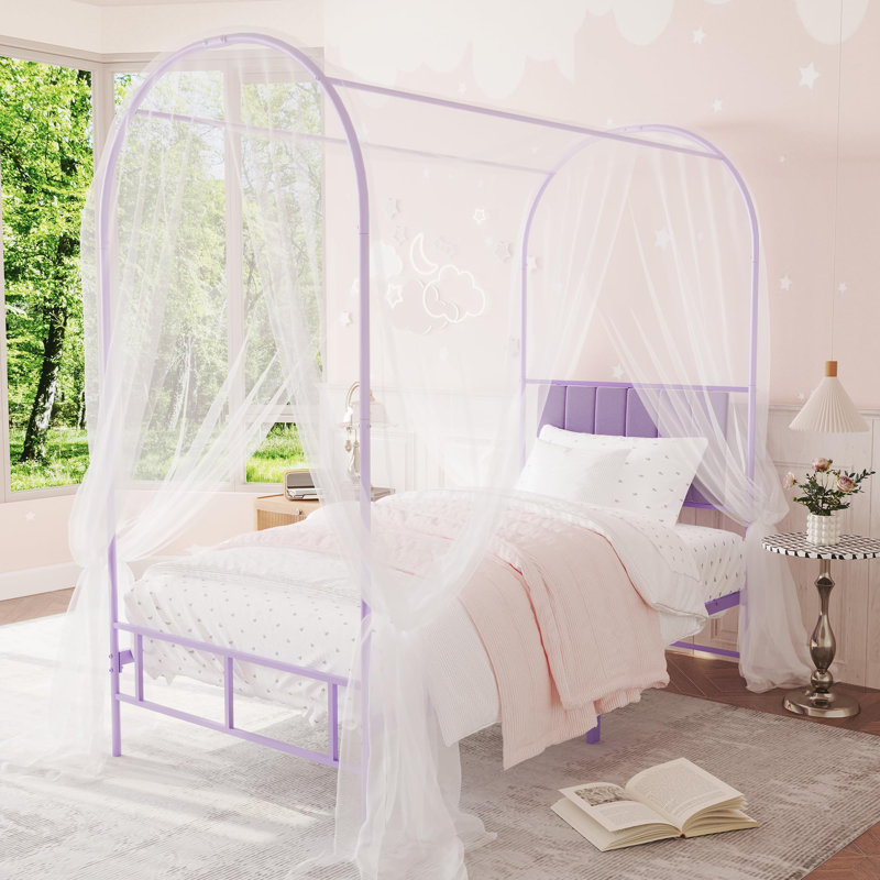 Cadre de lit à baldaquin simple avec tête de lit tapissier, cadre de lit en métal pour enfants, aucun sommier nécessaire