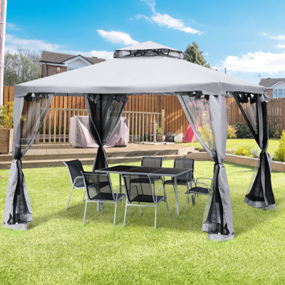 Gray Patio Gazebo, 9.6' X 9.6', 2 Roof Canopy With Netting, Steel Frame For Garden Lawn Backyard Deck, Protection, Rainproof,