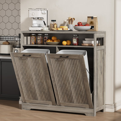  26-Gal Tilt-Out Trash Cabinet with Fluted Front and Open Shelf