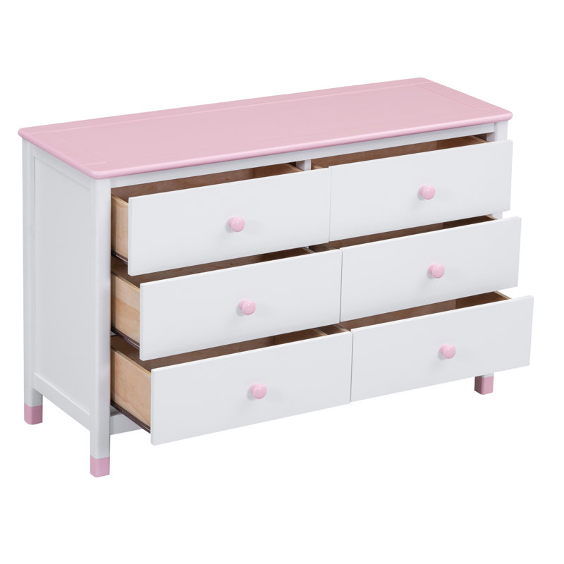 Commode de rangement 6 tiroirs en bois, Rose blanc