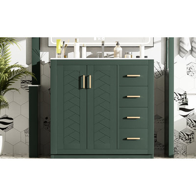 36 po, meuble-lavabo de salle de bain, lavabo sous-comptoir en céramique, fabrication, tiroirs à ouverture en douceur, rangement polyvalent, cadre en bois massif de style moderne, grand espace de tiroir, charnières à fermeture douce, exquis